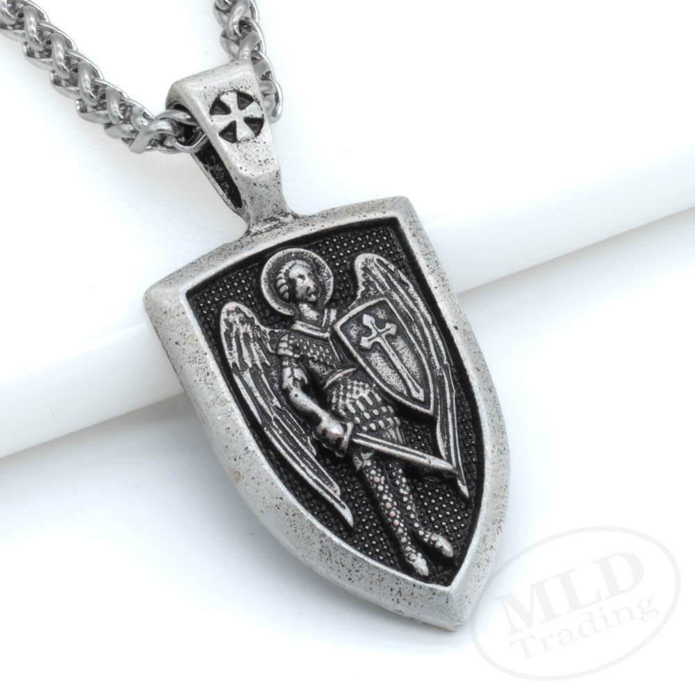Saint St Michael Shield Medal Pendant Necklace, Silver Zinc Alloy, 24″ Chain