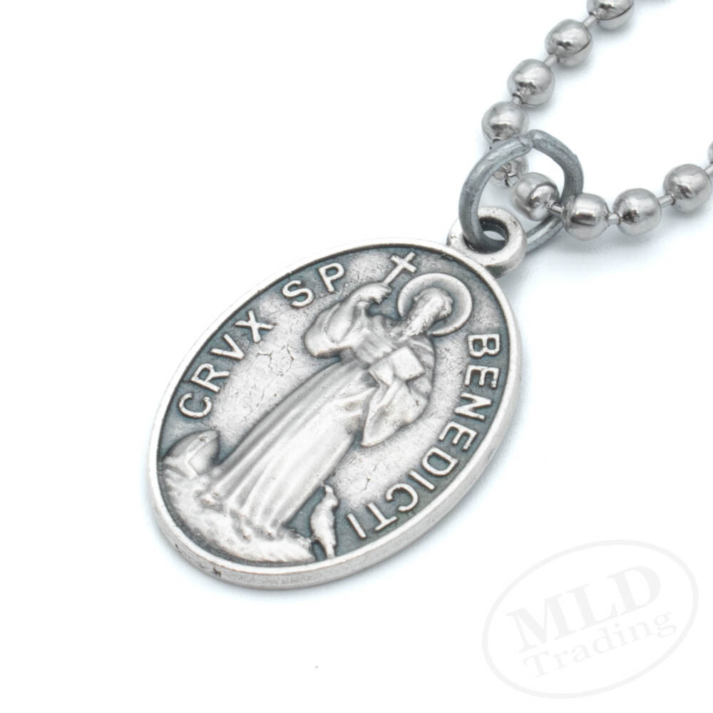 Italian Saint Benedict Medal Pendant Necklace – Silver Zinc Alloy, 24″ Chain