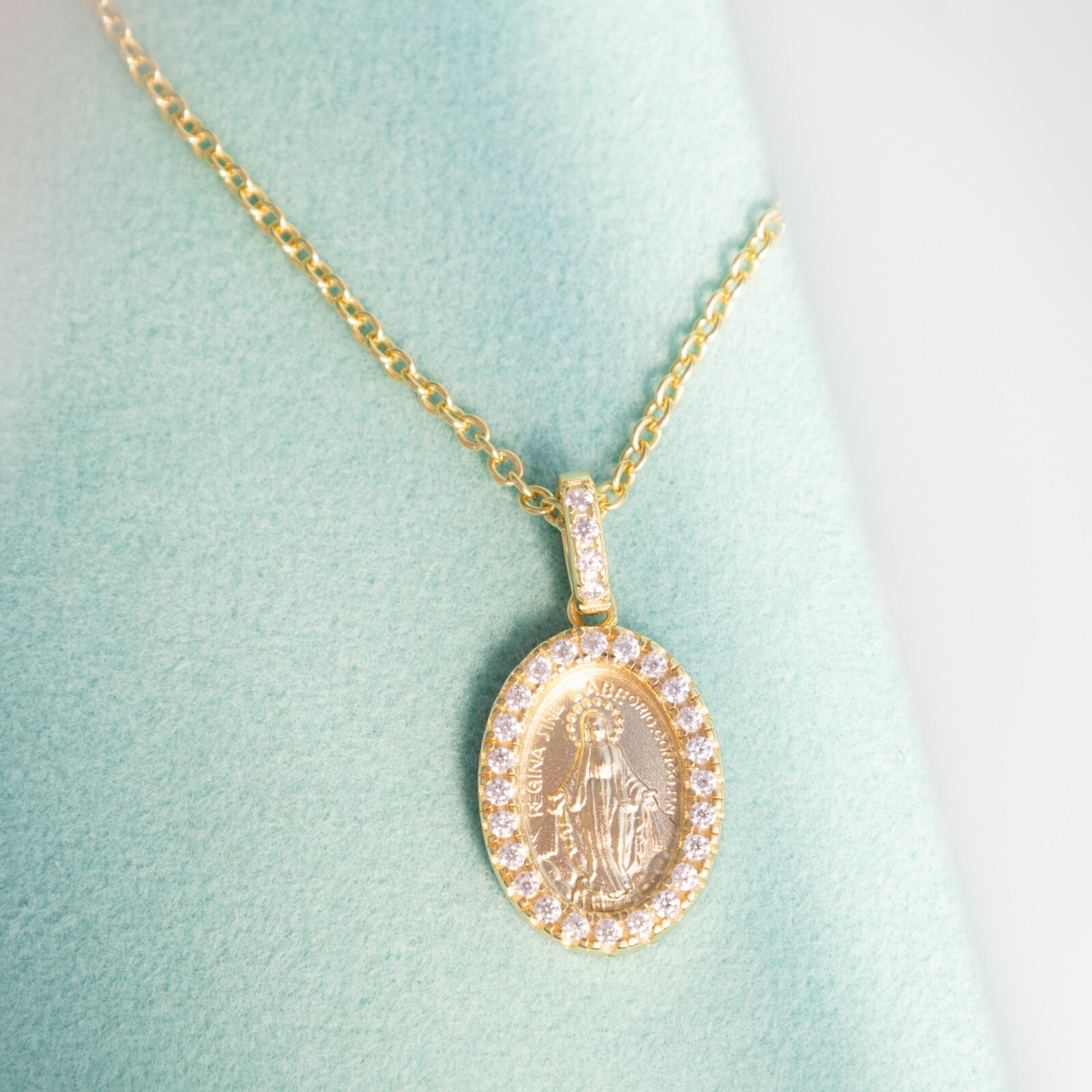 Miraculous Medal Pendent Necklace 18k Gold plated Silver CZ Virgin Mother Mary