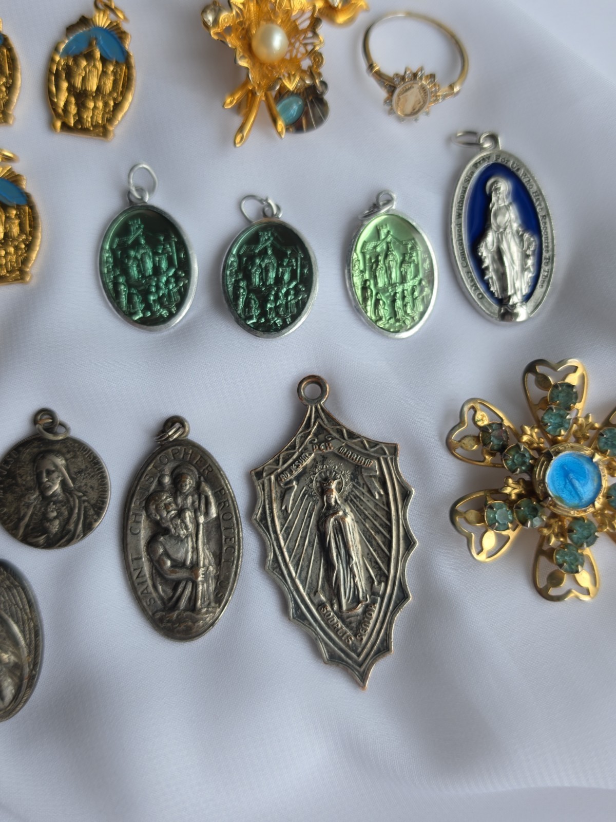Catholic Religious Medal Lot Of 23, Ring, Brooches