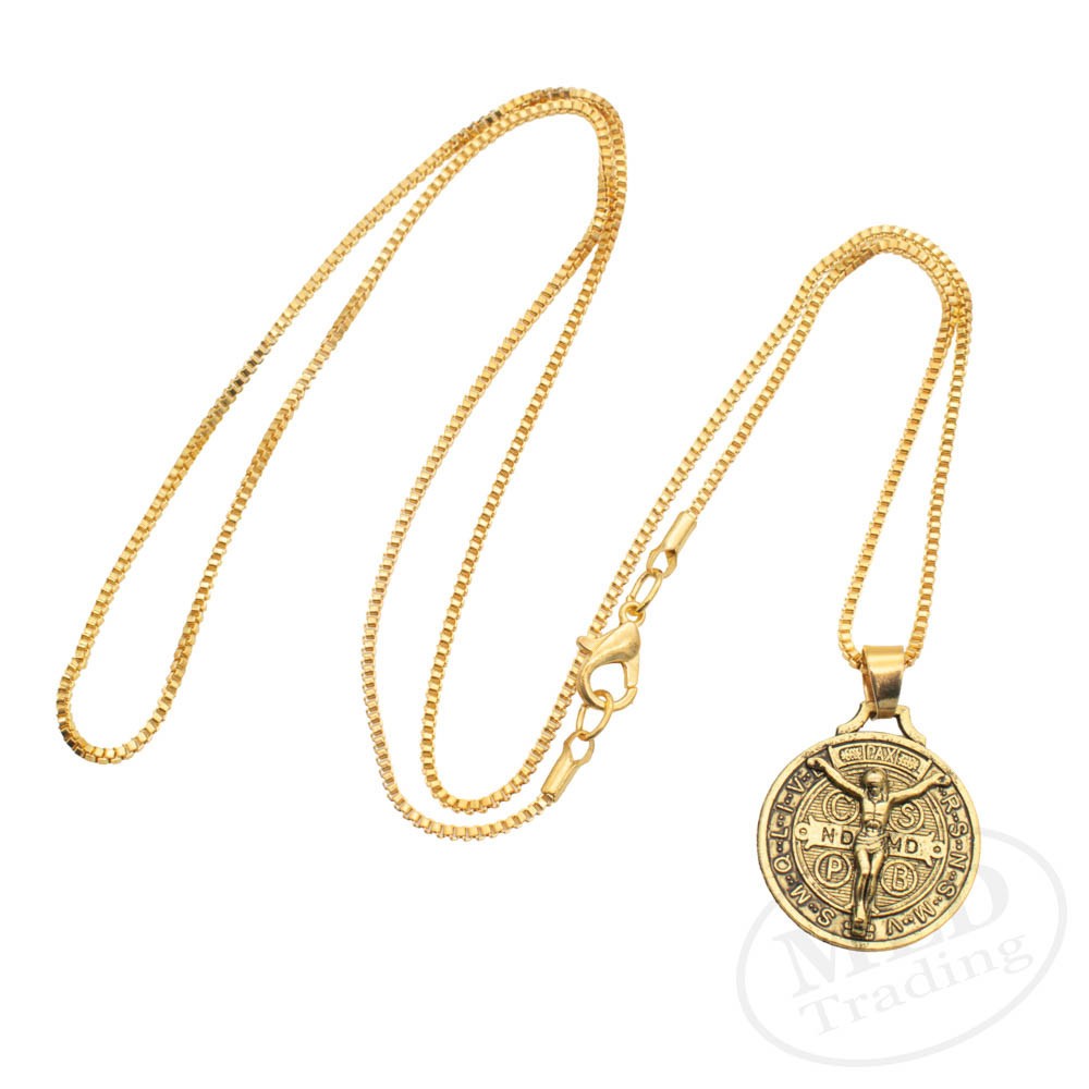 Gold Jesus Crucifix Saint St Benedict Medal Cross Pendant Necklace 24″ Box Chain