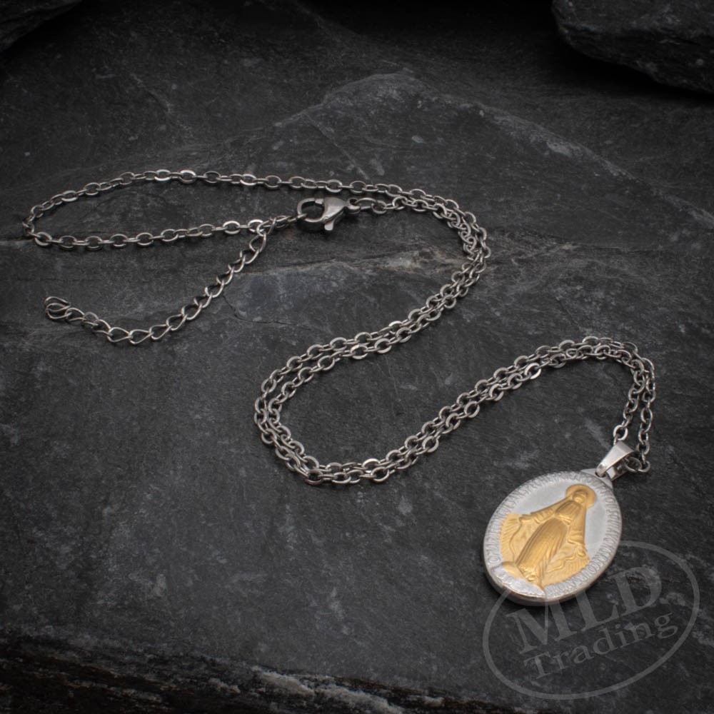 Silver & Gold Miraculous Medal Necklace – Stainless Steel Pendant 18″+2″ Chain
