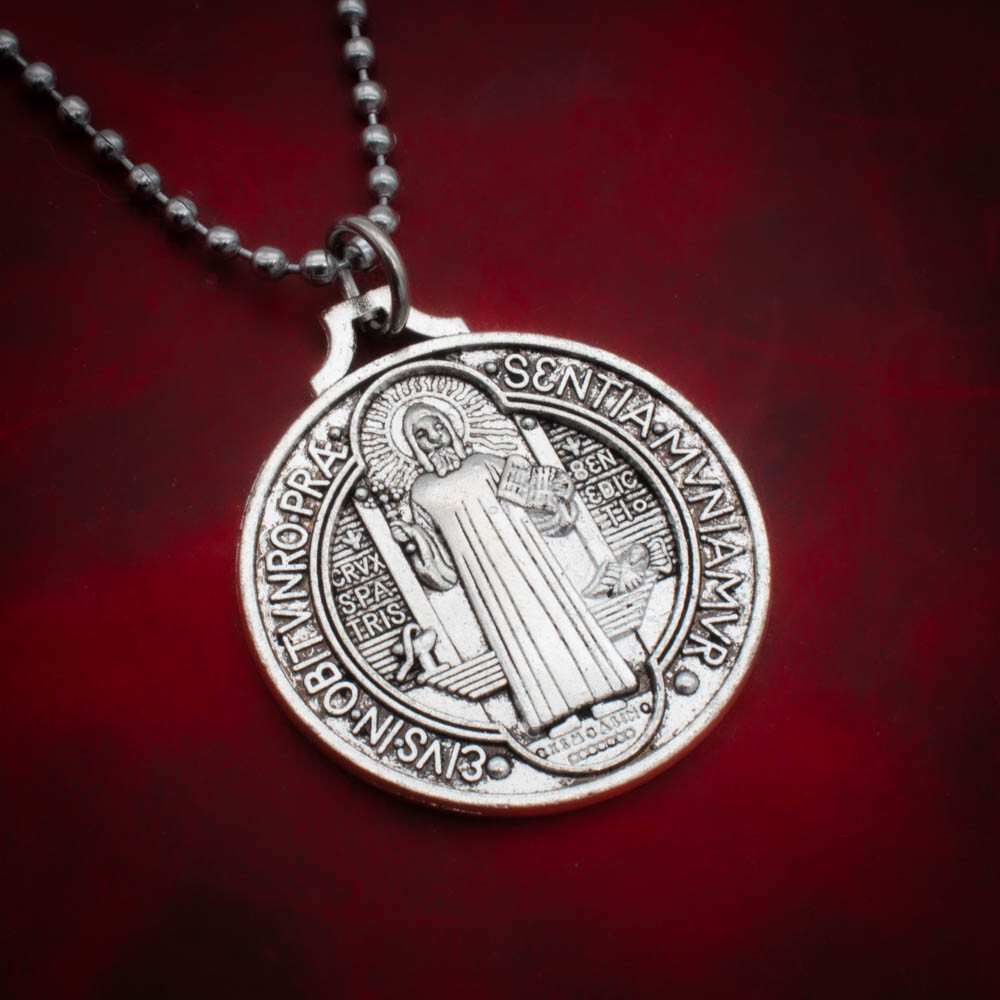 Saint St Benedict Medal Pendant Necklace 24″ Ball Chain Vintage Alloy Protection