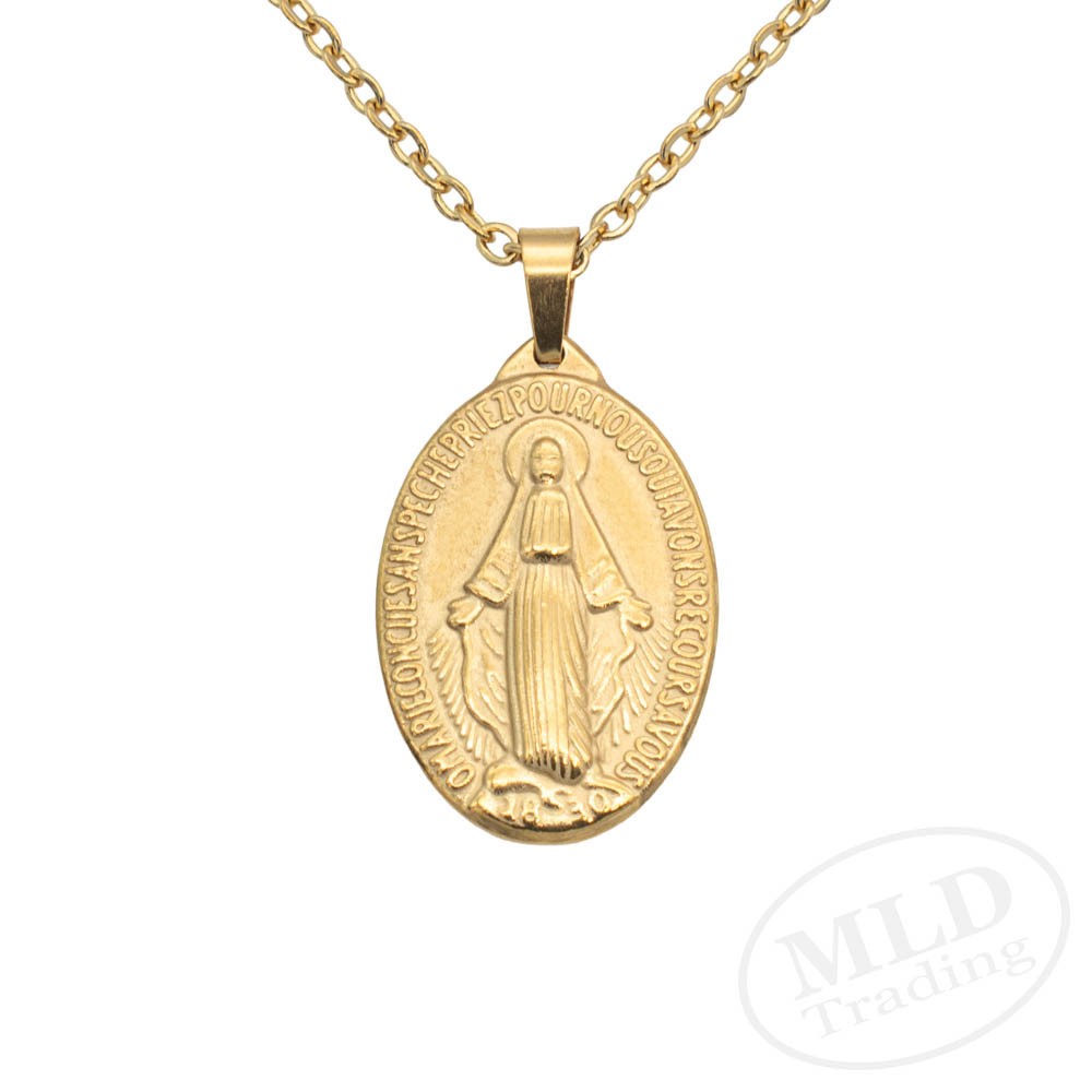 Gold Miraculous Medal Necklace – Stainless Steel Catholic Pendant 18″+2″ Chain