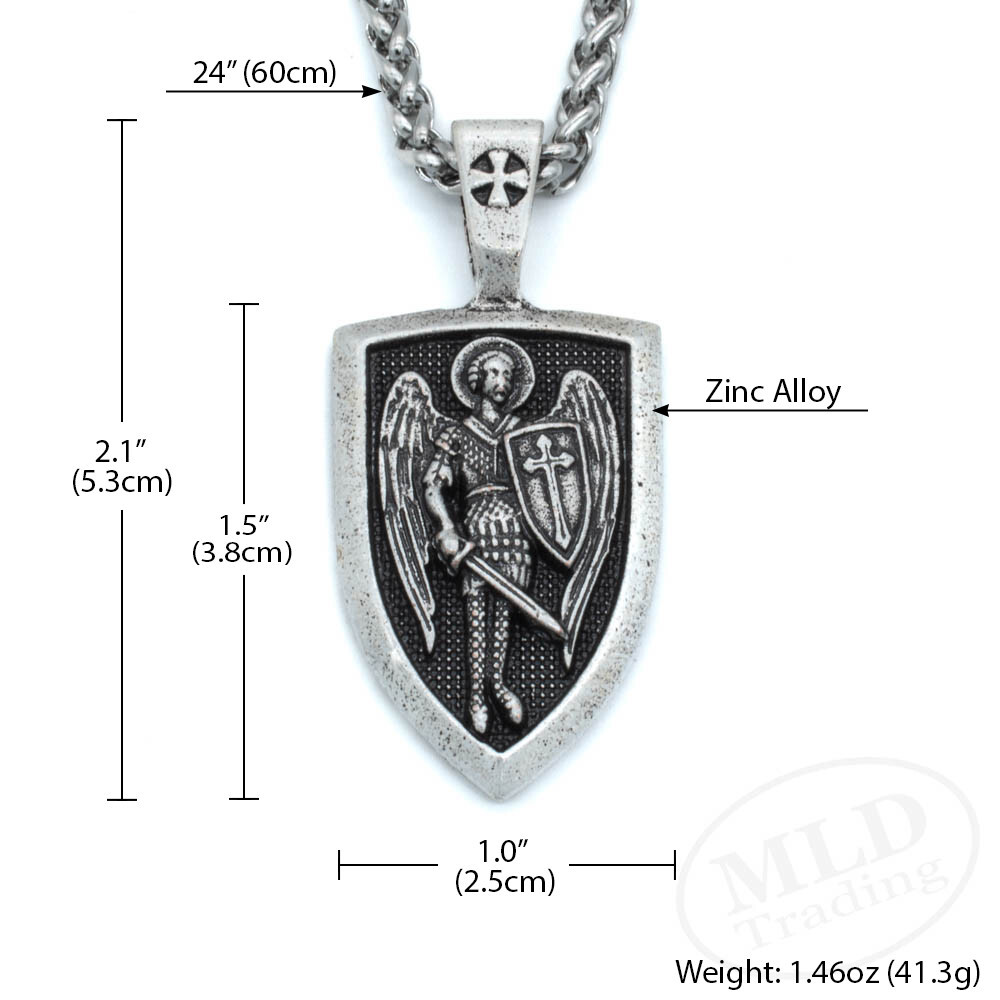 Saint St Michael Shield Medal Pendant Necklace, Silver Zinc Alloy, 24″ Chain