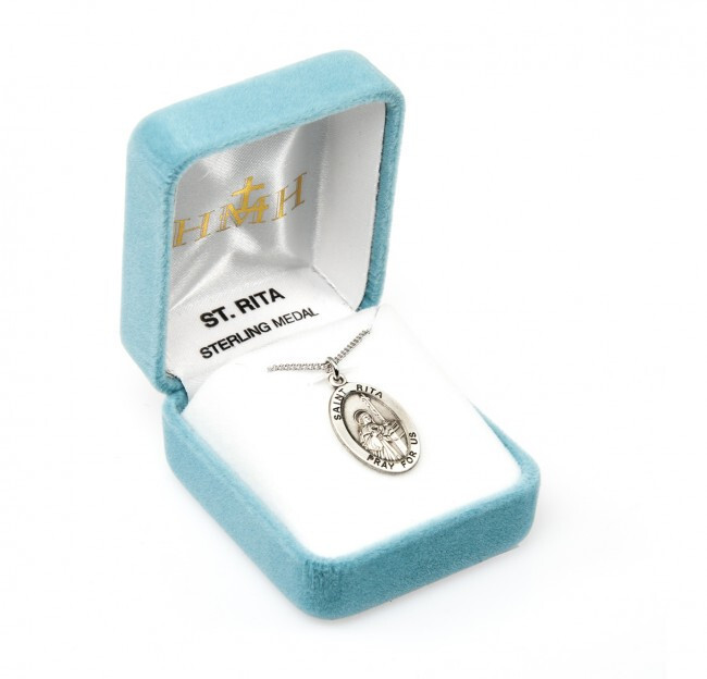 St. Rita Sterling Silver Oval 1.1″ Medal, Gift Box, 24″ Chain, US Made