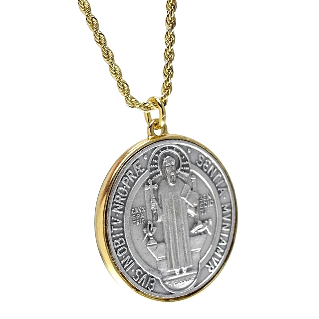 Medalla De San Benito 48mm Medal St Benedict Pendant Gold Plated Rope Chain 24″