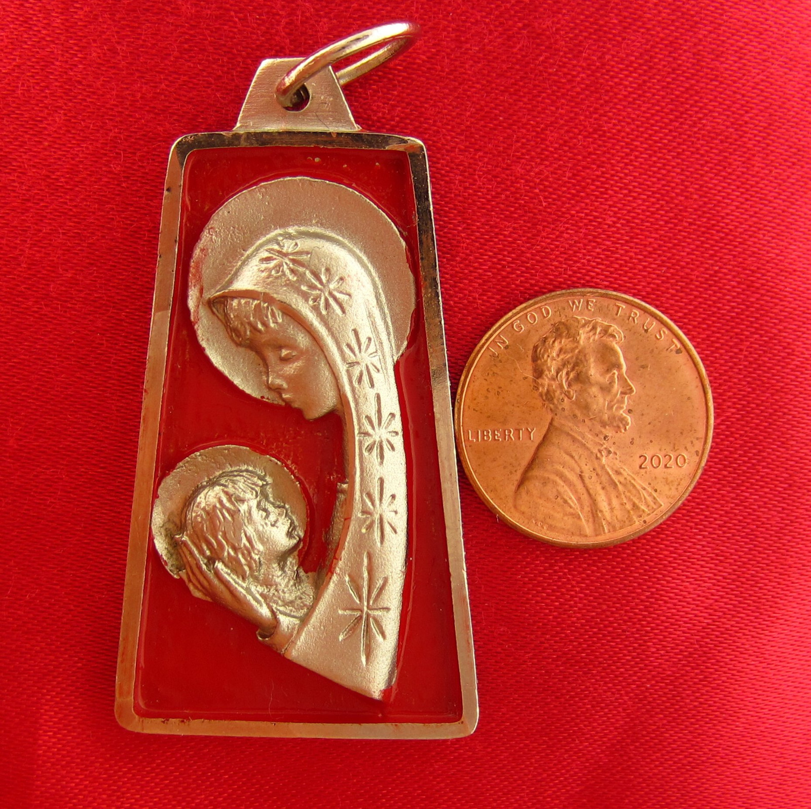Vintage MARY JESUS Medal RED ENAMEL Religious Catholic Silvertone Pendant LARGE