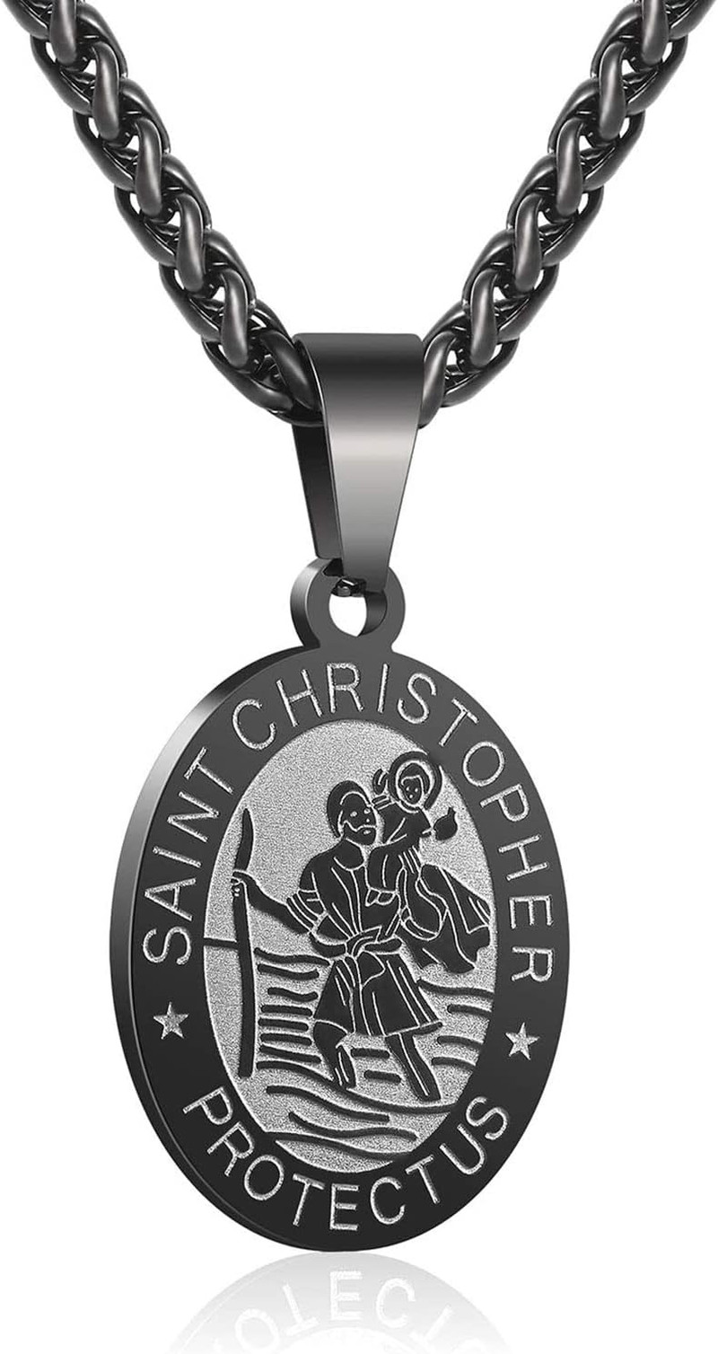 Saint St Christopher Medal Necklace for Men Boys 24 in – Religious Gifts, Black