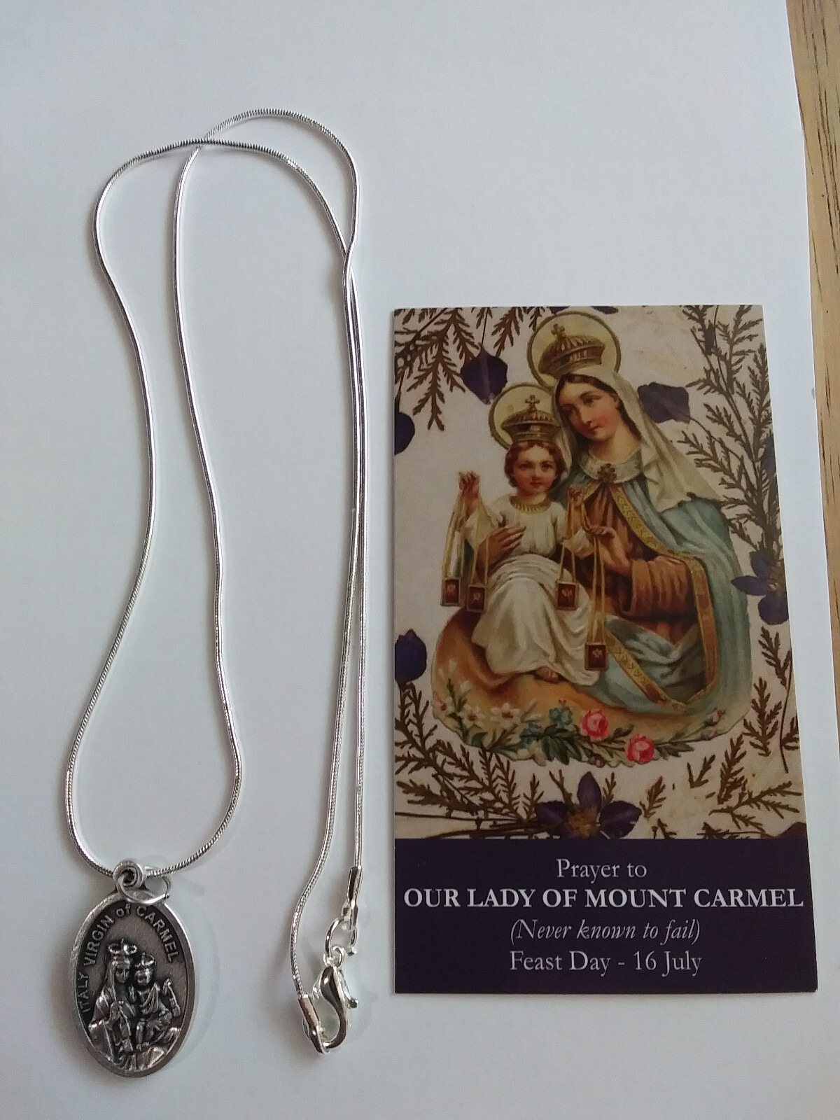 Our Lady Mt Carmel Sacred Heart Jesus Medal necklace 925 sterling silver & card