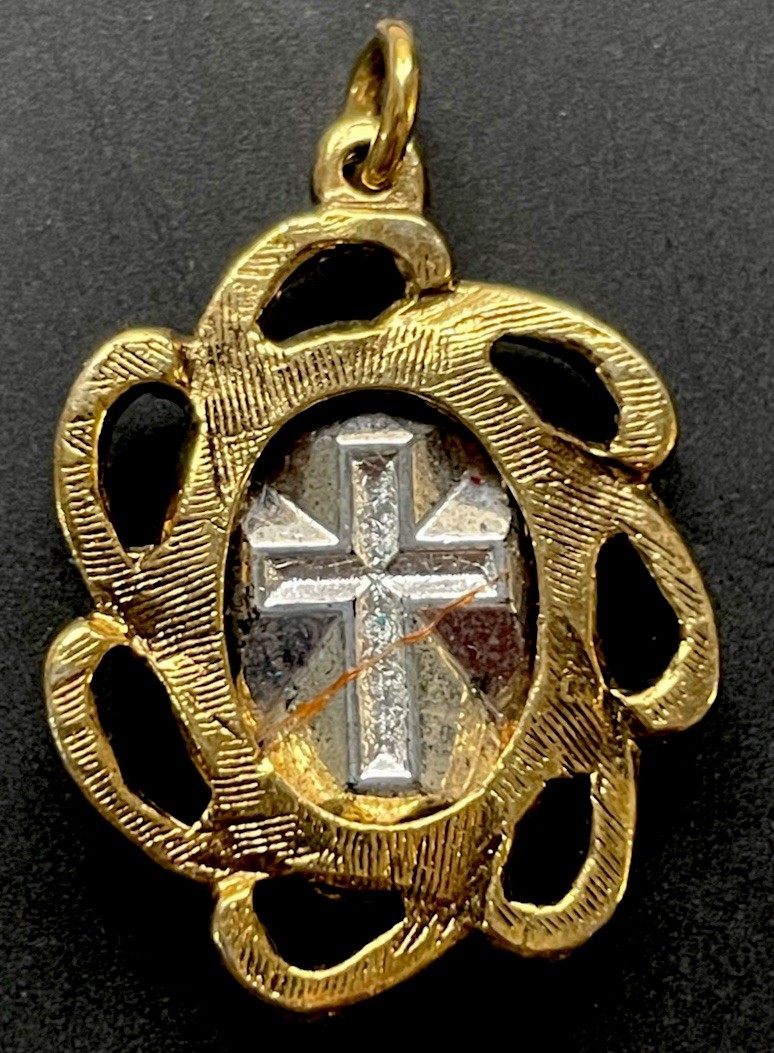 Vintage Iridescent Glass Cross Medal In Gold Tone Frame Pendant