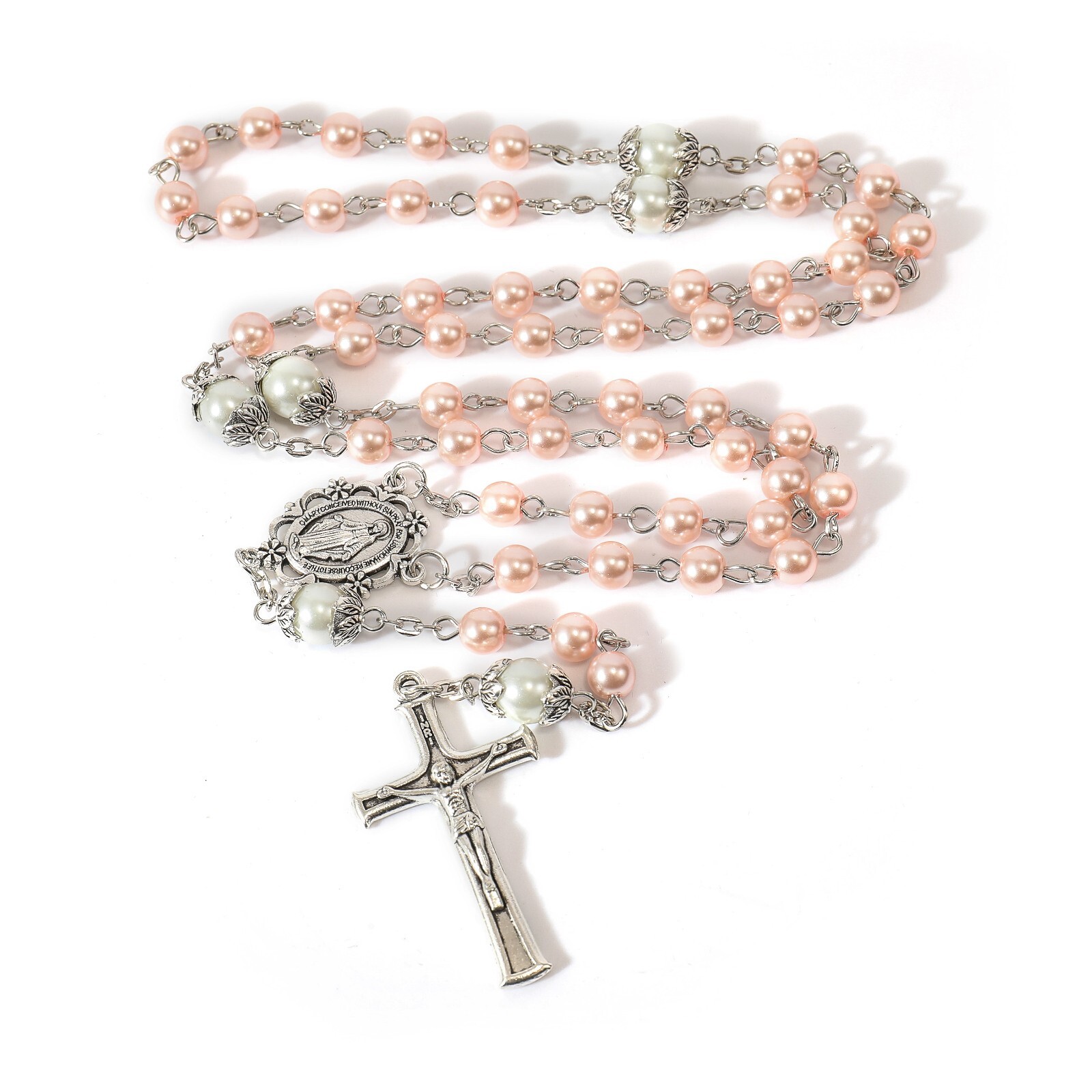 Pink Glass Pearl Beads Rosary White Our Father Beaded Necklace Lourdes Medal