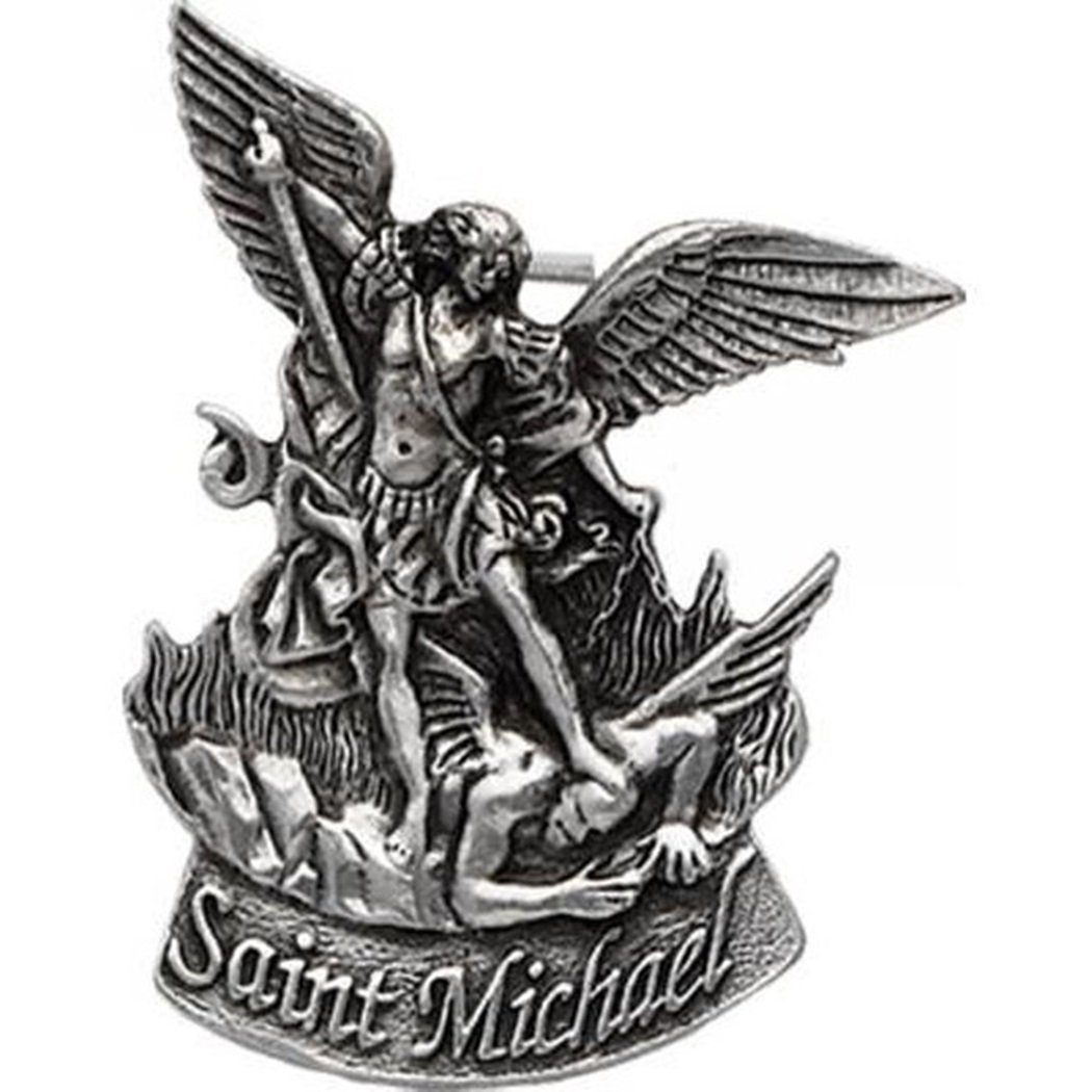 Pewter Archangel Saint Michael Defeating Demon Visor Clip, 2 1/4 Inch