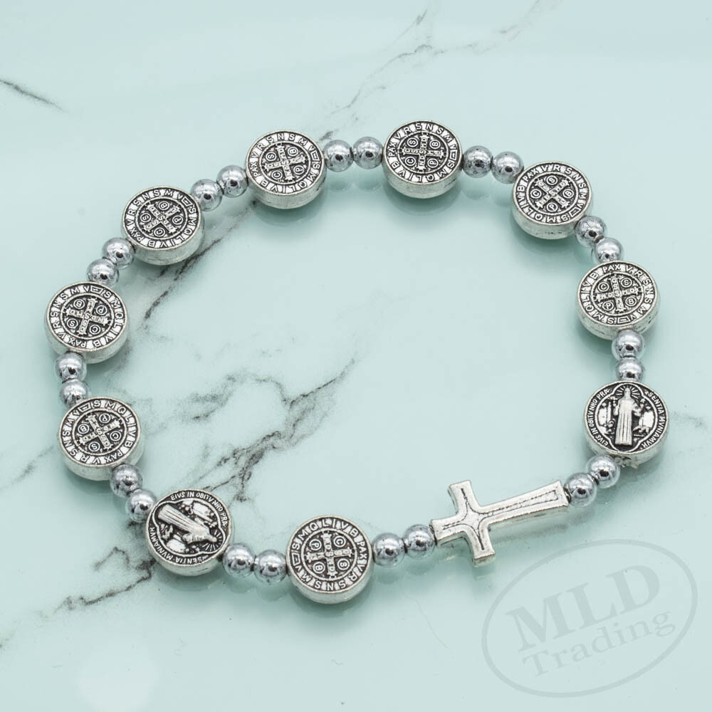 Silver Saint St Benedict Medal Cross Rosary Bracelet Pulsera De San Benito