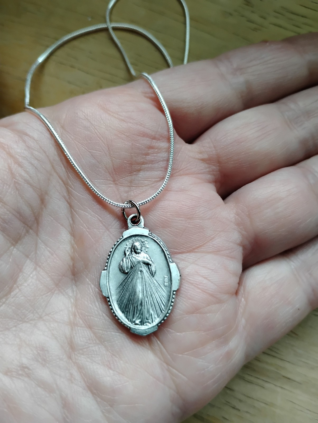 Silver Jesus Divine Mercy Medal 925 sterling chain necklace + prayer card