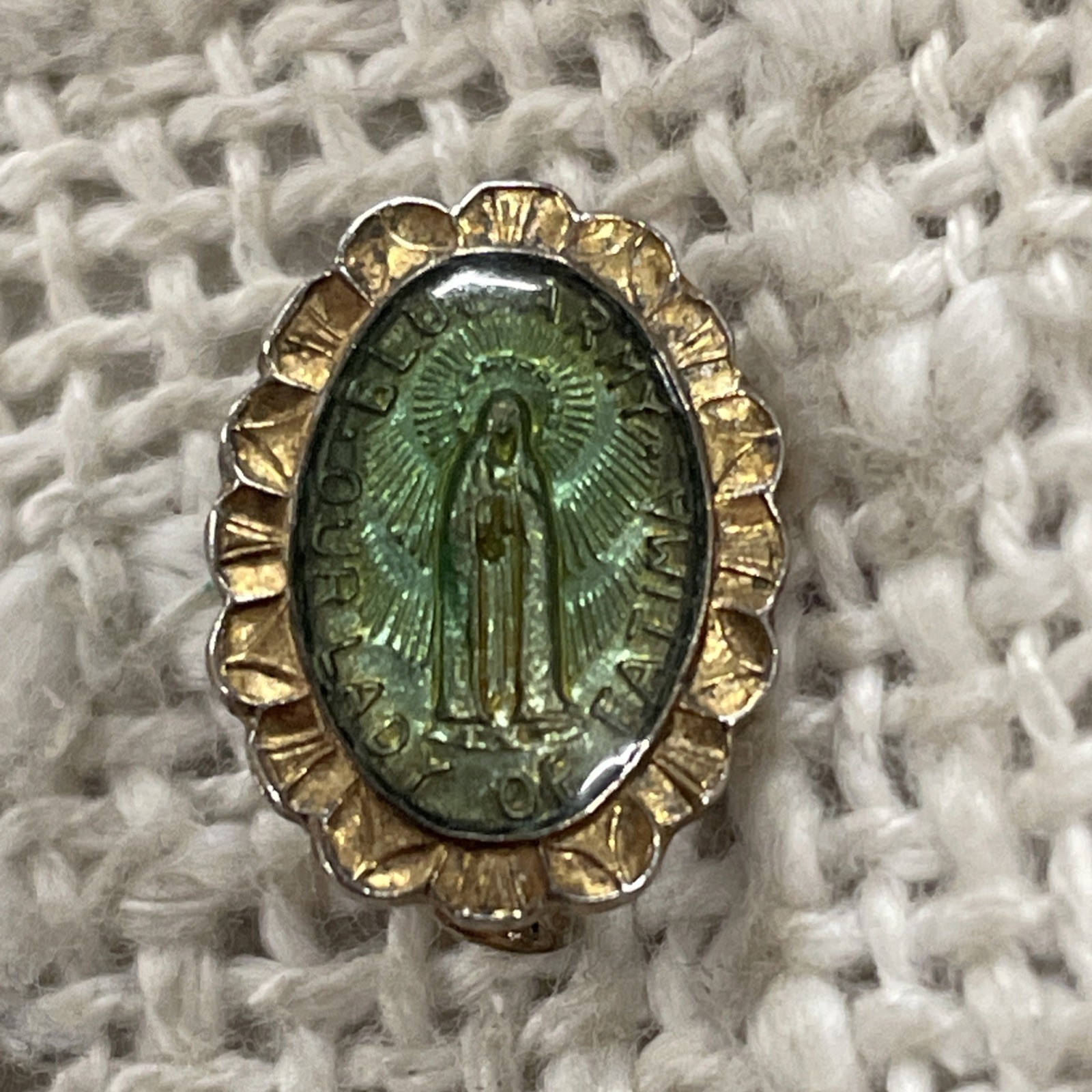 Vintage Religious Gold Toned Blue Army Our Lady of Fatima Pin Brooch