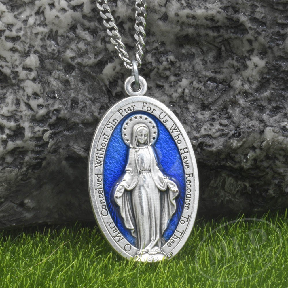 Large 1 3/4″ Blue Miraculous Medal Mary Pendant Necklace Italy w 24″ Curb Chain