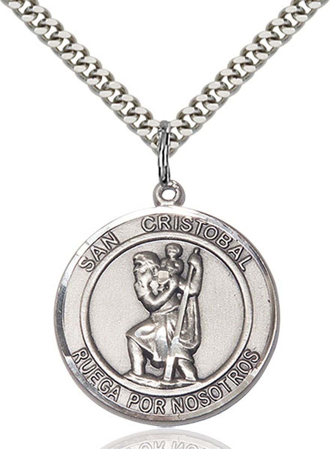 Pewter San Cristobal Religious Medal Pendant Necklace 24″ Chain GiftBox