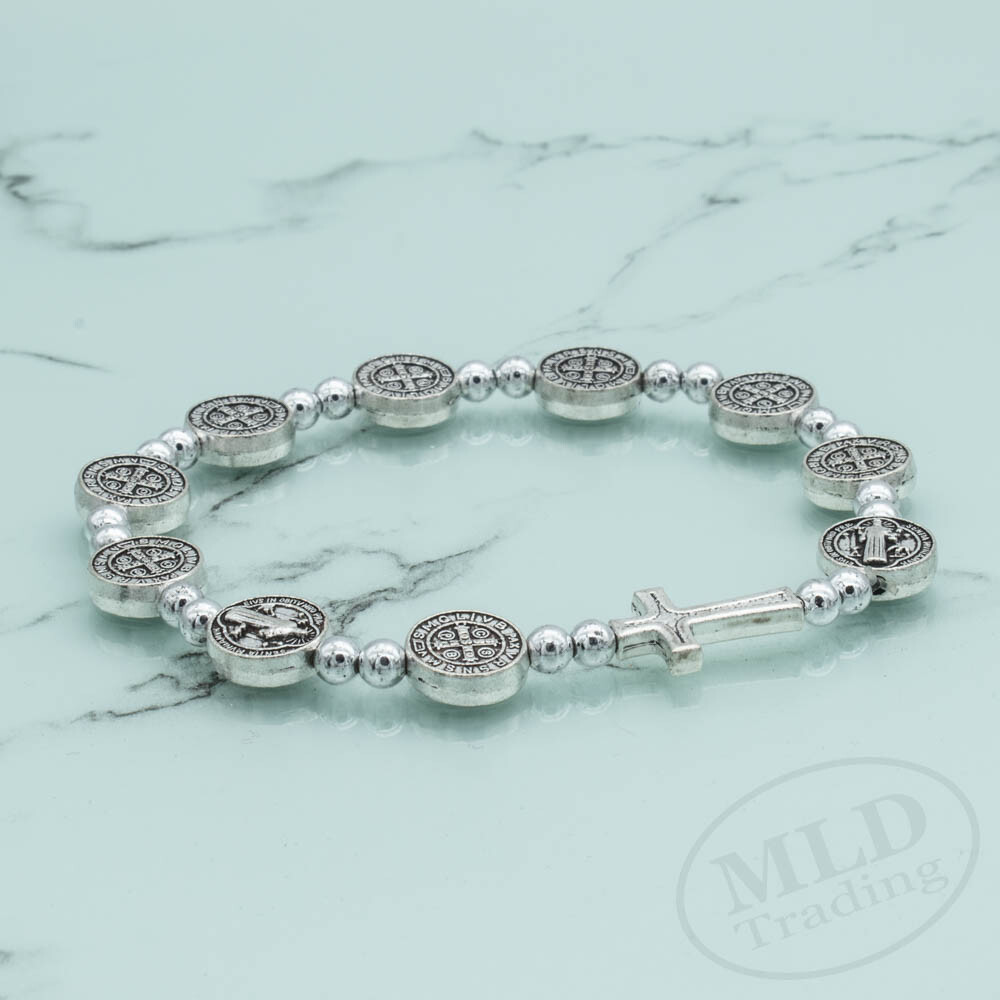 Silver Saint St Benedict Medal Cross Rosary Bracelet Pulsera De San Benito