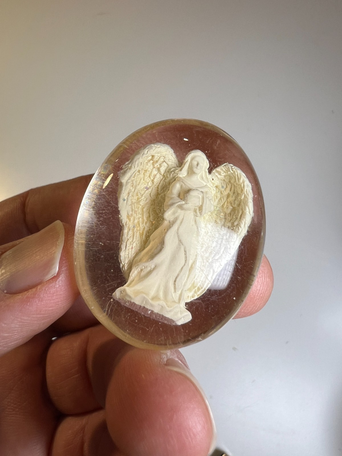 Antique Vintage 1950s Chalkware Angel Encased Lucite Devotional Pocket Charm