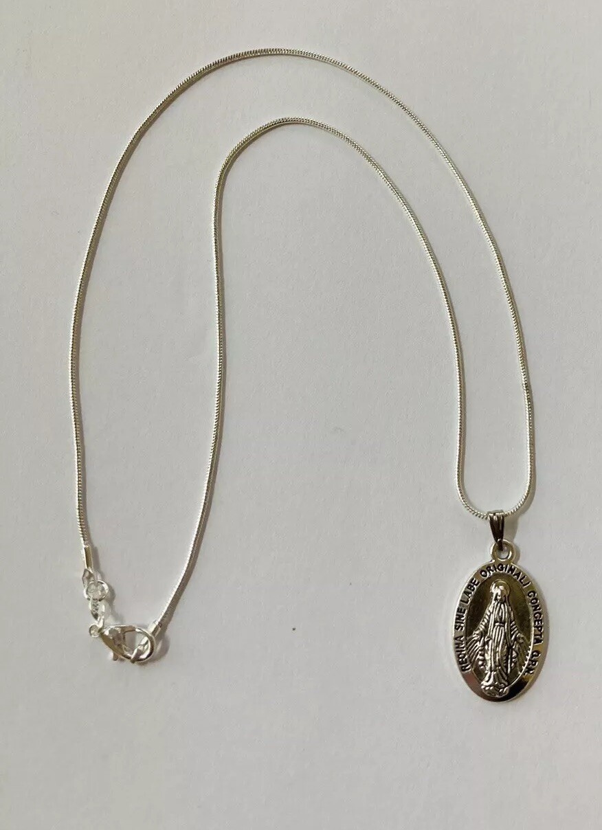 Miraculous Medal Pendant Necklace – 3/4″ Mini Oval, Silver Zinc Alloy, 18″ Chain