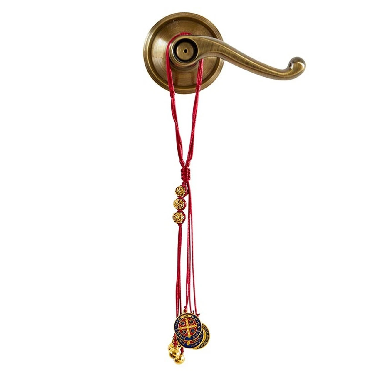 St. Benedict Medal Home Protector Door Hanger – Golden Mini Bells Red Cord 10″ L