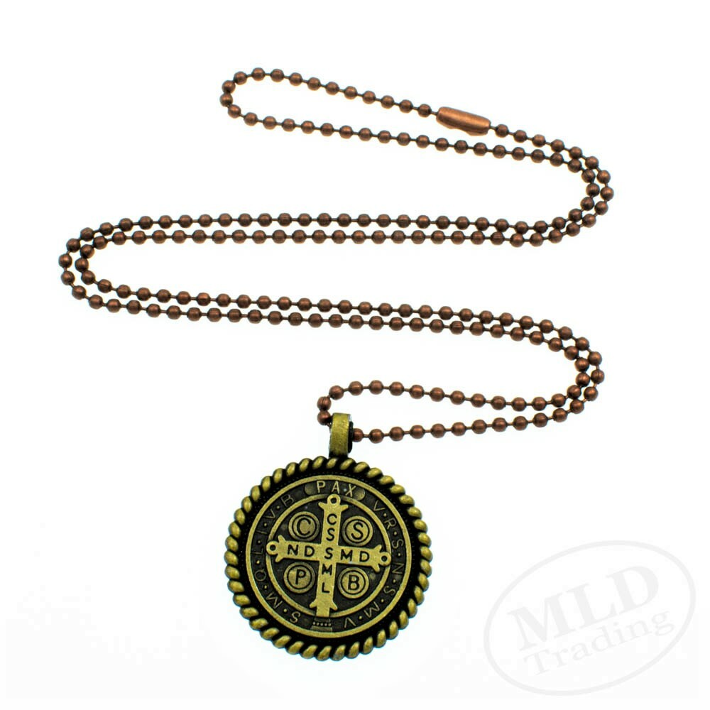 Knot Border Saint St Benedict Medal Pendant Necklace 24″ Ball Chain Gold Tone