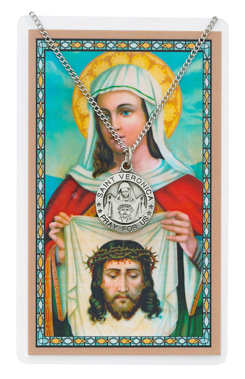 Saint Veronica Pewter Medal Pendent 18 Inch Silvertone Chain Prayer Card Set