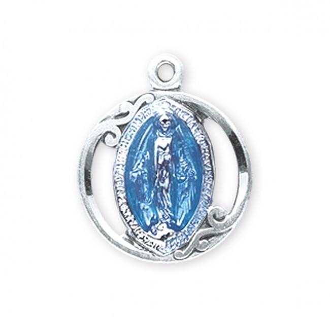 Sterling Silver Blue Enameled Miraculous Medal, US MADE, 0.7″ x 0.6″, 18″ Chain