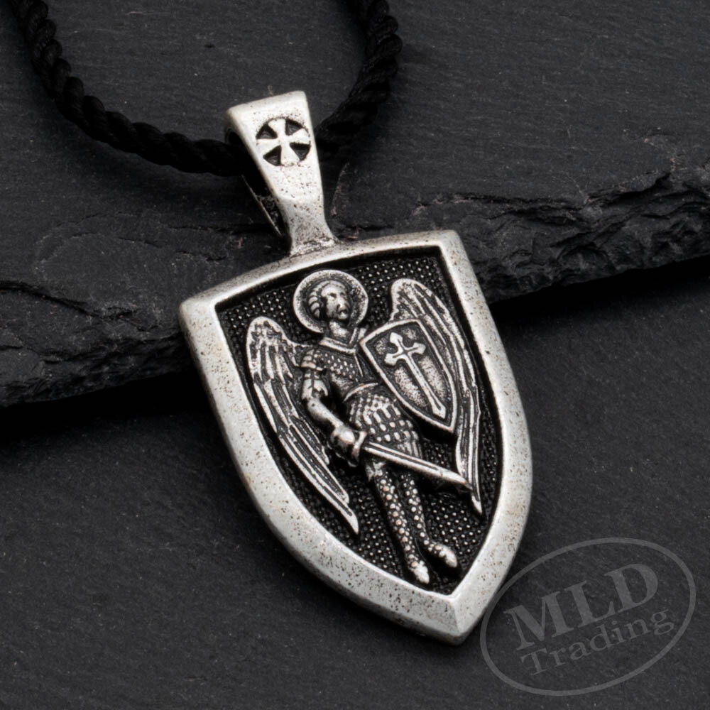 Saint St Michael Shield Medal Pendant Necklace, Antiqued Silver Zinc Alloy