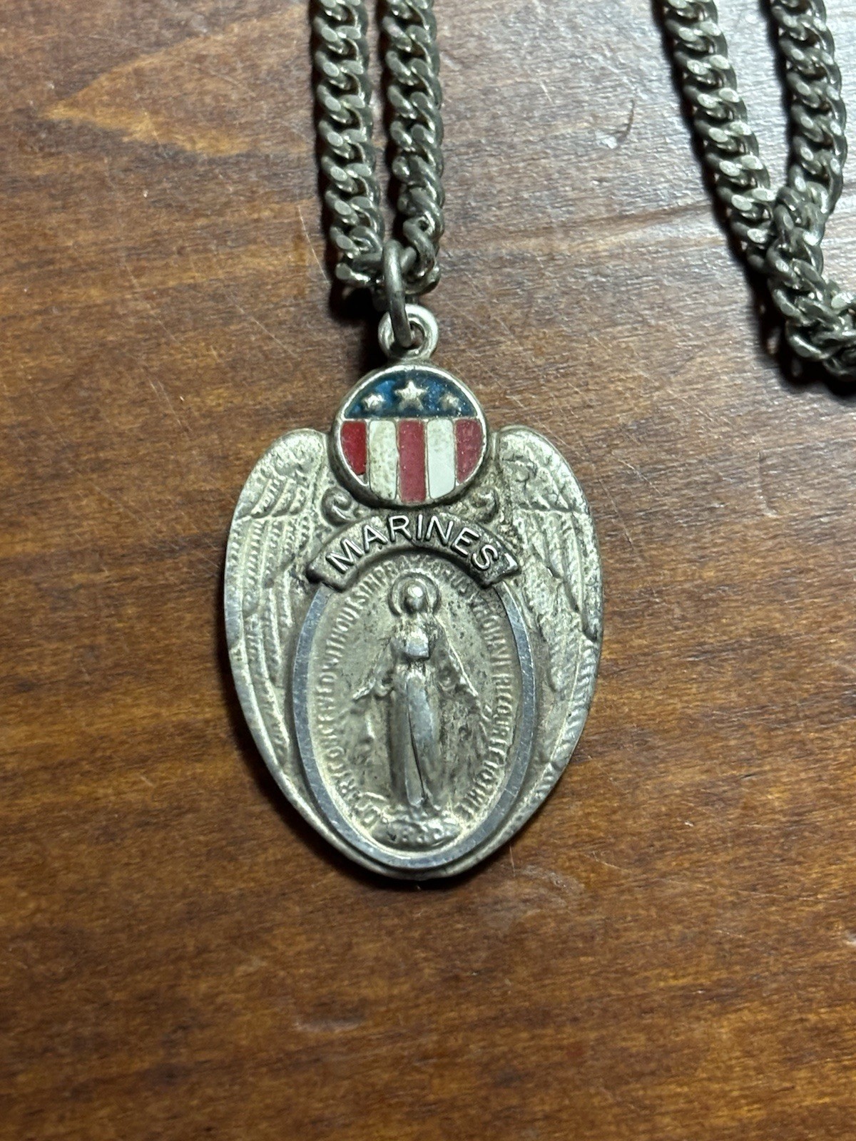 Vintage Marines Sterling Silver Enameled Miraculous Medal & Necklace