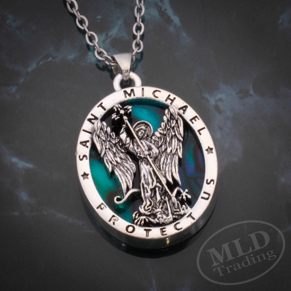 Saint St Michael Pendant Necklace, Religious Protector Medal, Alloy, 18″ Chain