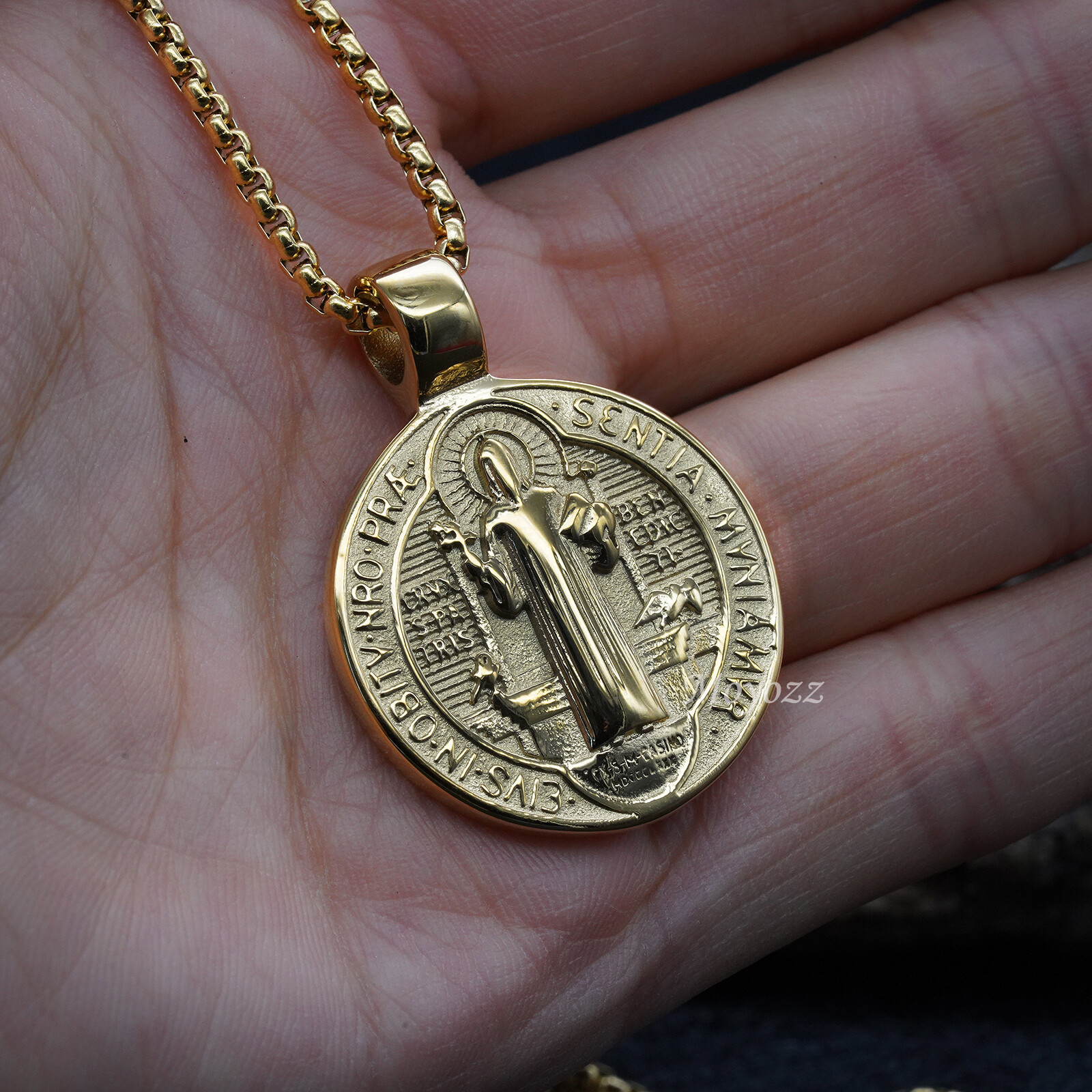 St Saint Benedict Medal Gold Exorcism Pendant Necklace Stainless Steel Gift