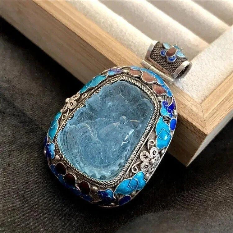Womens Necklace Pendant Sterling Silver Blue Aquamarine Gemstone Large Art Deco