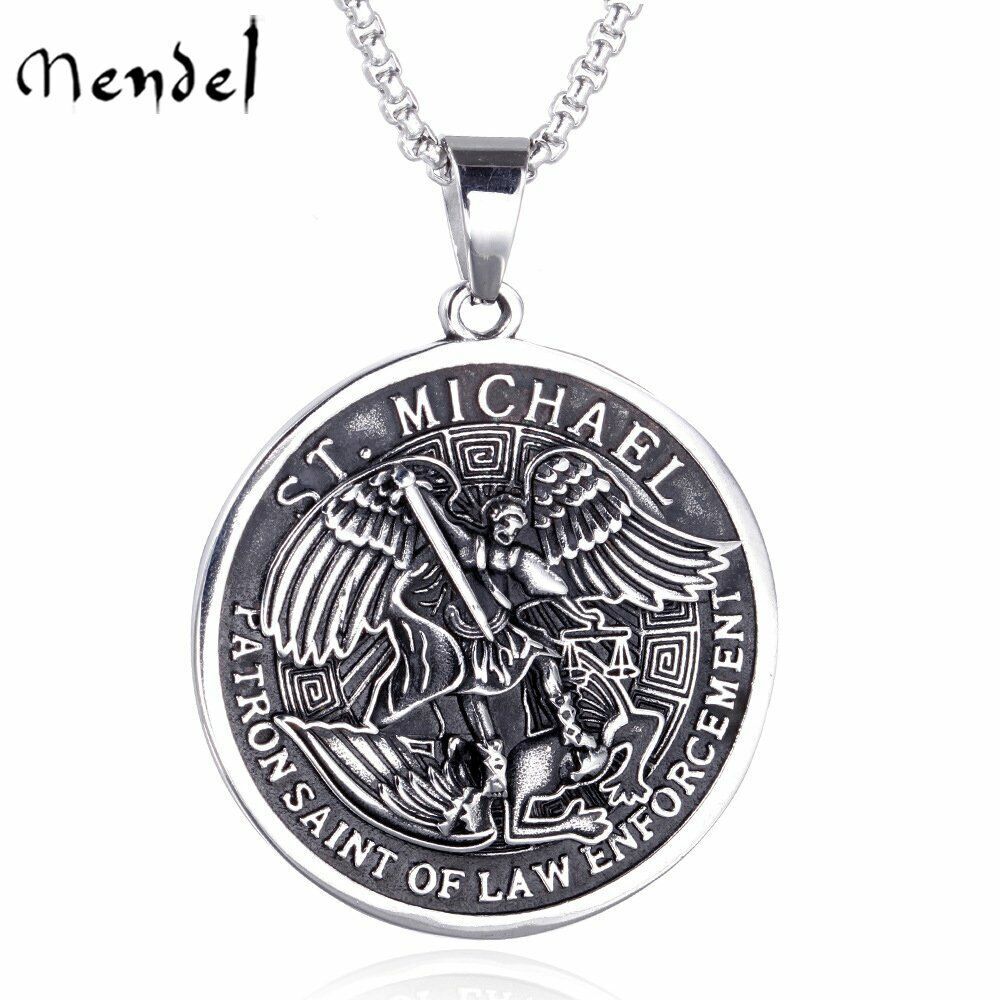 MENDEL Mens Catholic Christian Saint St Michael Medal Medallion Pendant Necklace