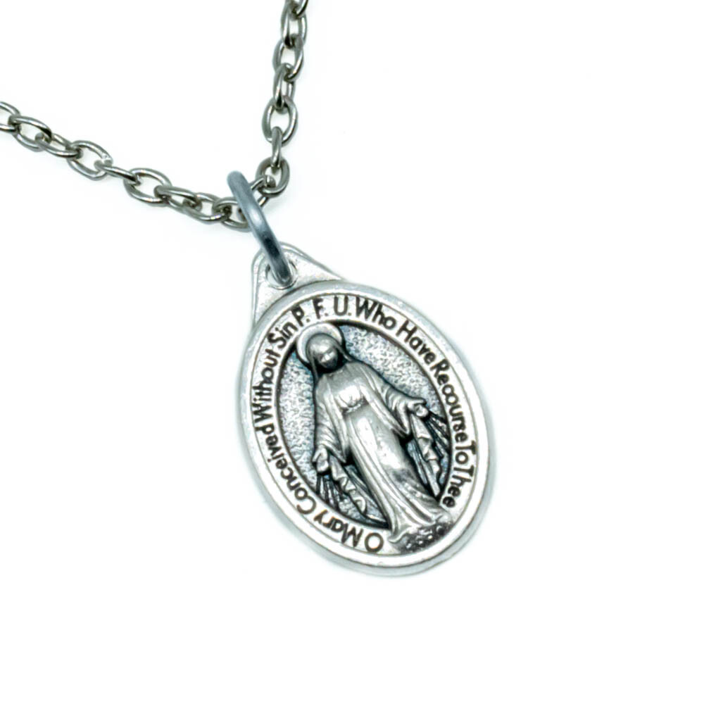 Small 3/4″ Miraculous Medal Virgin Mary Pendant Necklace Italy w 24″ Link Chain