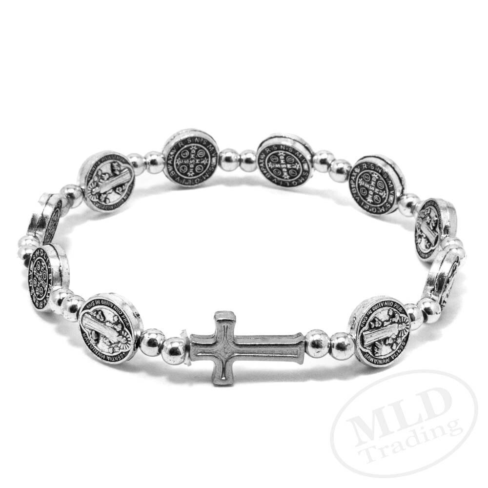 Silver Saint St Benedict Medal Cross Rosary Bracelet Pulsera De San Benito