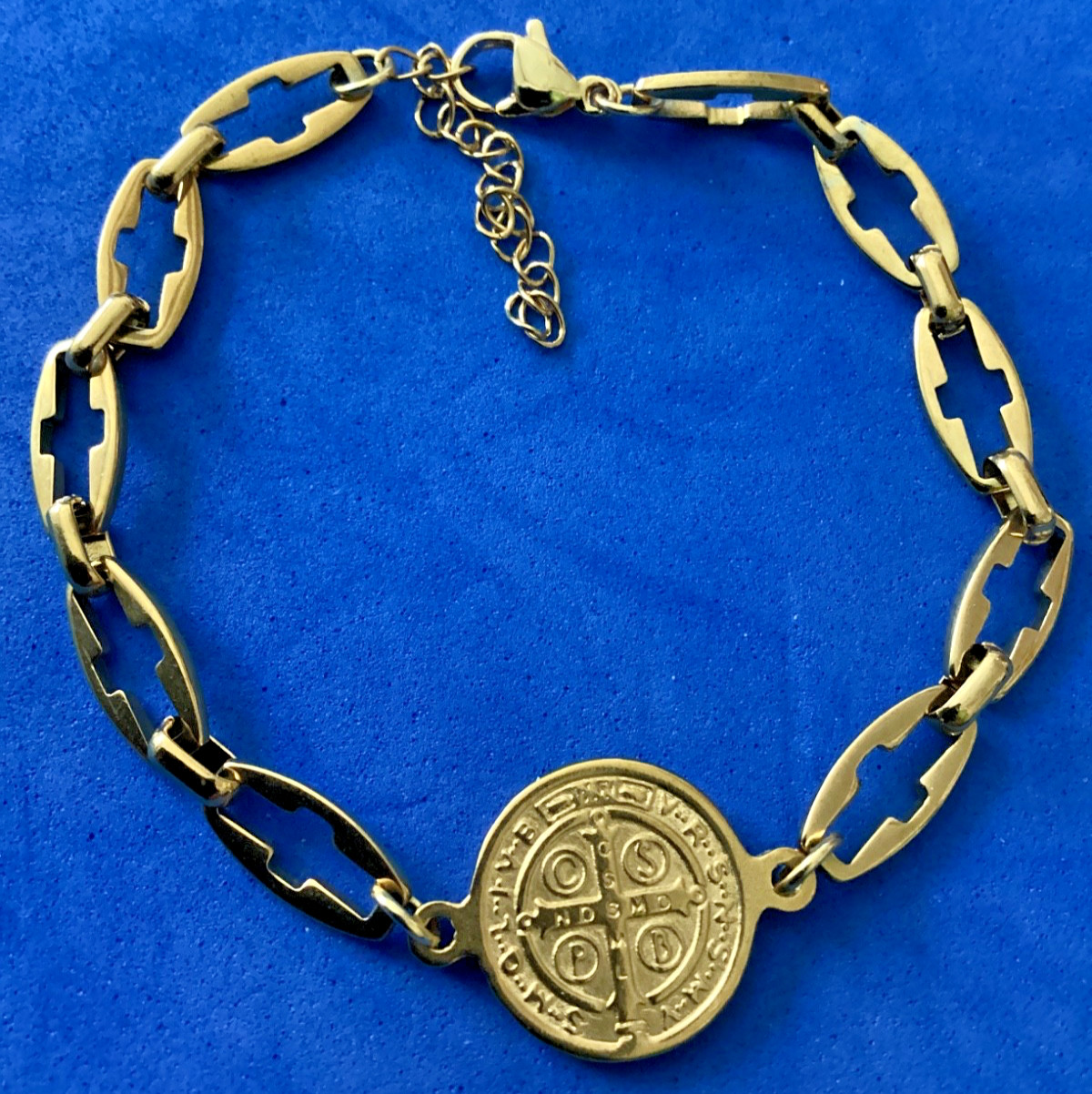 St BENEDICT Bracelet Saint Medal Gold Plated Stainless Steel 7.5” to 9 inch