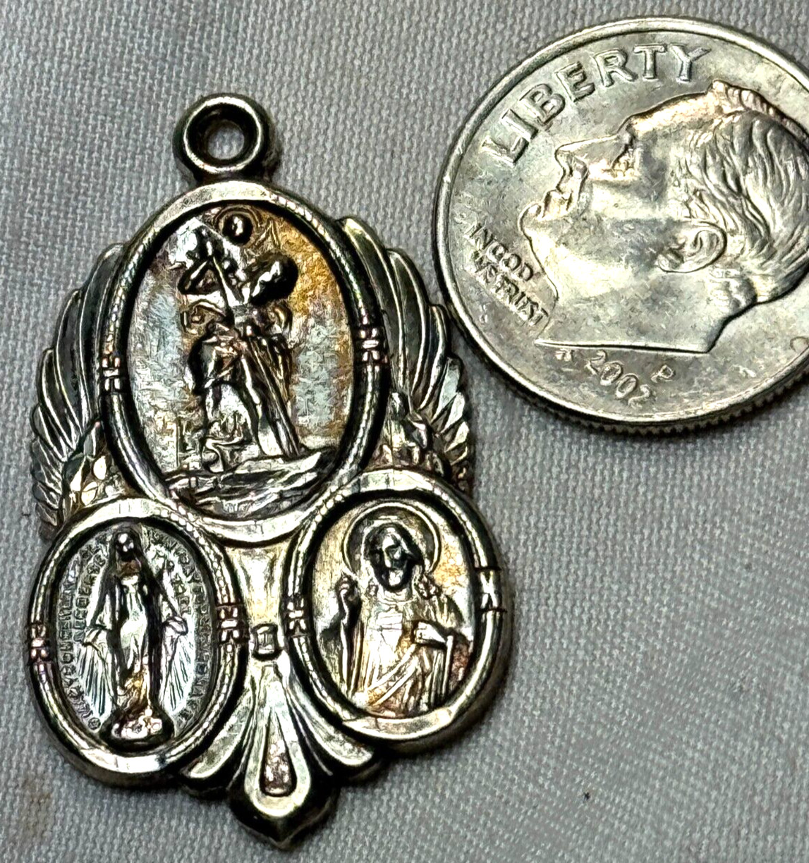 VINTAGE 1950’S STERLING SILVER 3 WAY MULTI MEDAL PENDANT -FREE SHIP