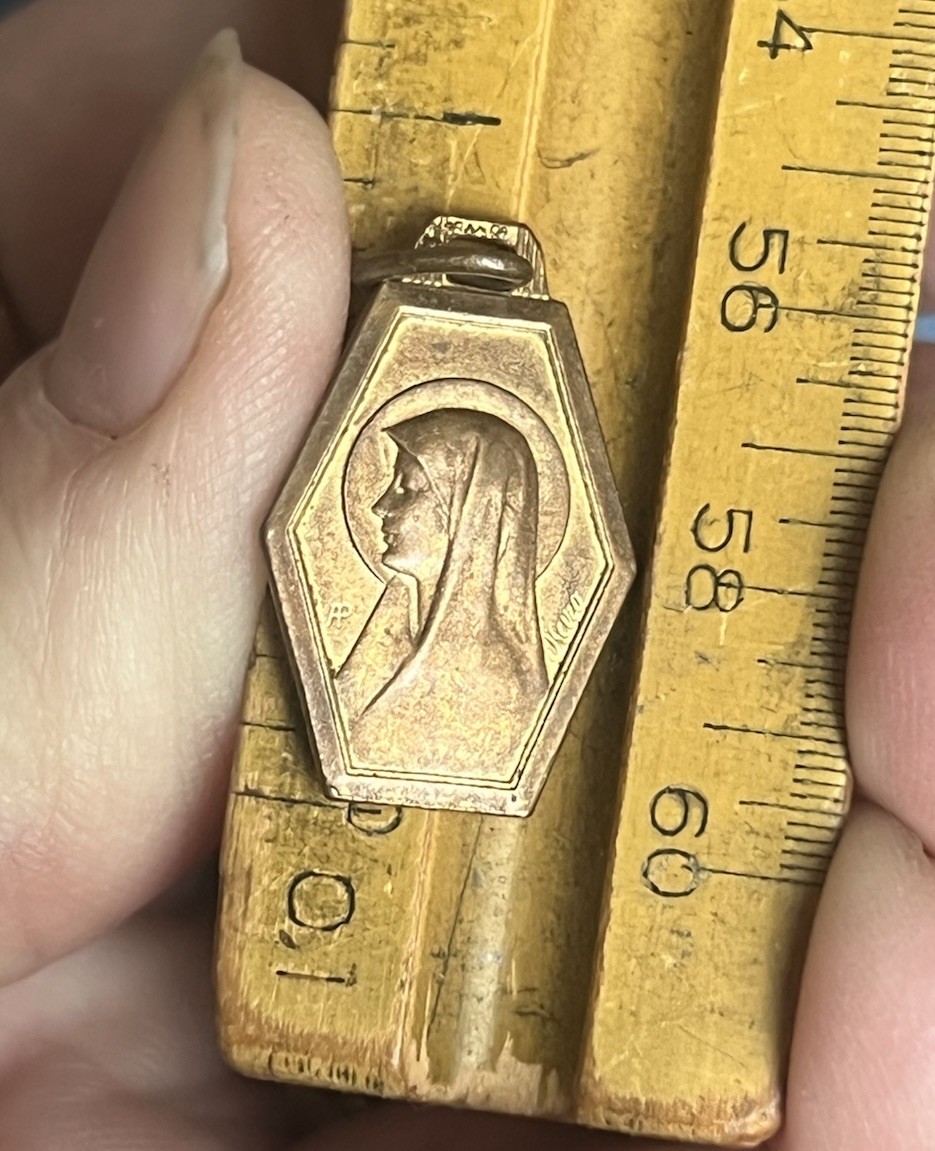 Antique French medal Virgin Mary Brass Gold 1” Pendant Antique Art Deco Charm