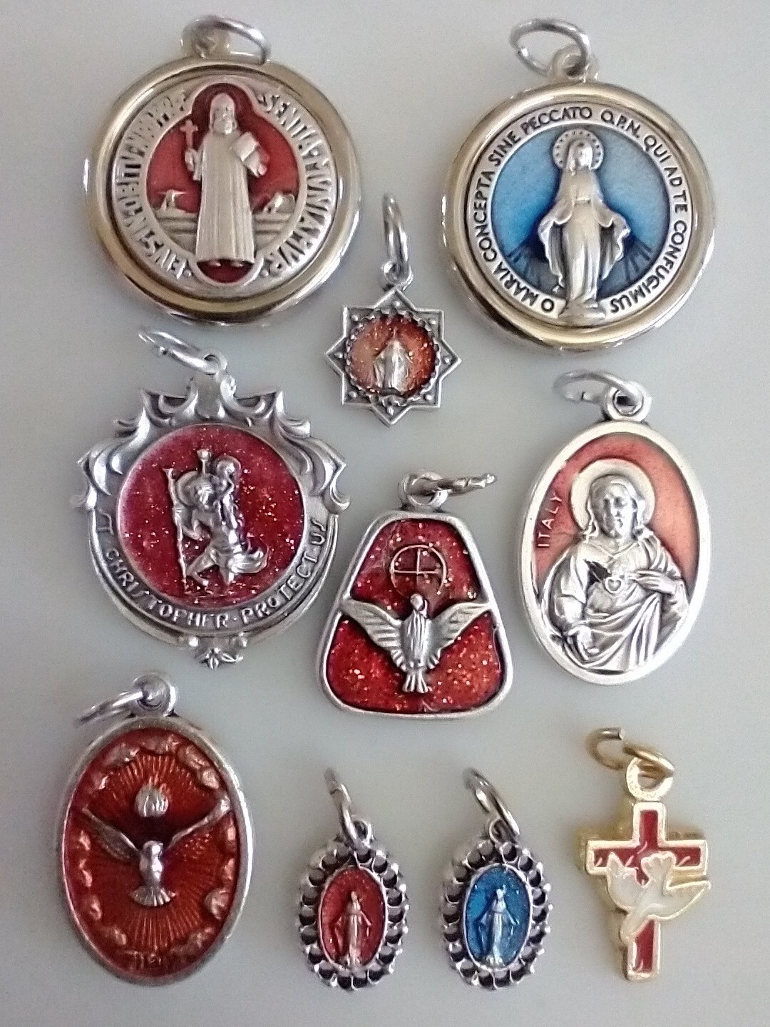 Catholic Lot Religious Medals Enamel Jesus Mary St Christopher Dove Holy Spirit