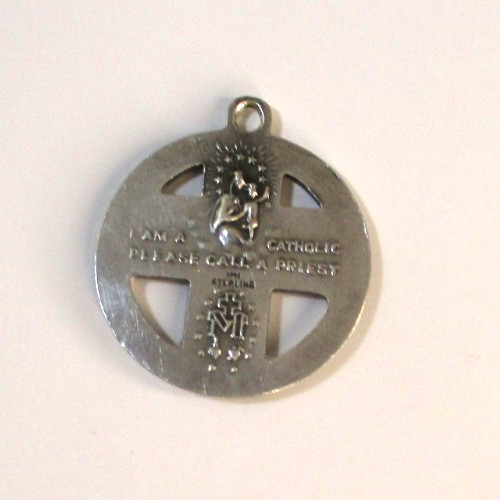 Old Sterling Medal Jesus/Mary/Joseph Pendant I am Catholic Please Call A Priest