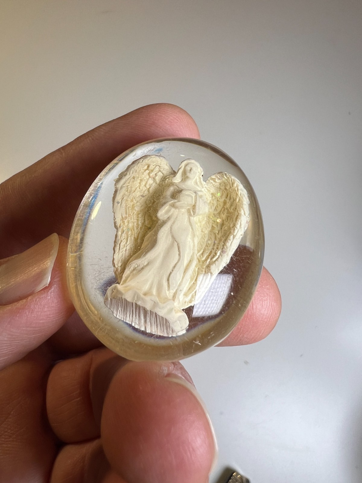Antique Vintage 1950s Chalkware Angel Encased Lucite Devotional Pocket Charm