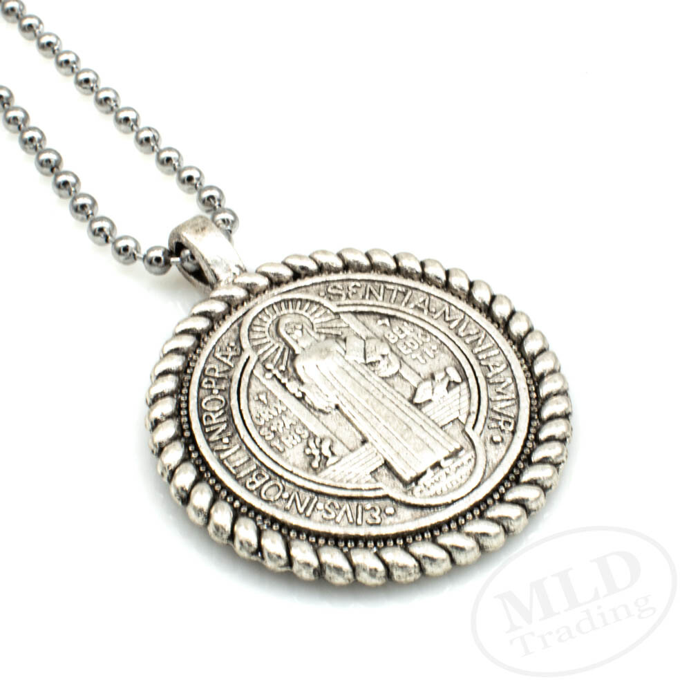 Knot Border Saint St Benedict Medal Pendant Necklace 24″ Ball Chain Silver Tone