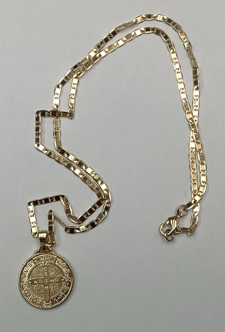 MEDALLA Y CADENA SAN BENITO BAÑO DE ORO 14K; 14k GOLD PLATED MEDAL ST BENEDICT