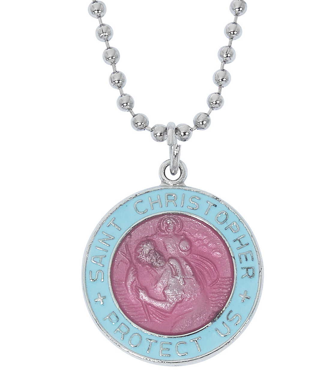 Aqua And Pink Saint Christopher Epoxy Medal Pendant with Adjustable Ball Chain