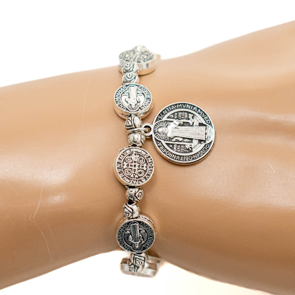 Saint St Benedict Medal Silver Rosary Bracelet Pulsera De Plata De San Benito