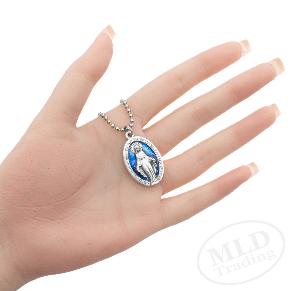 Miraculous Medal Necklace Catholic Virgin Mary 1.5″ Blue Pendant Made In Italy