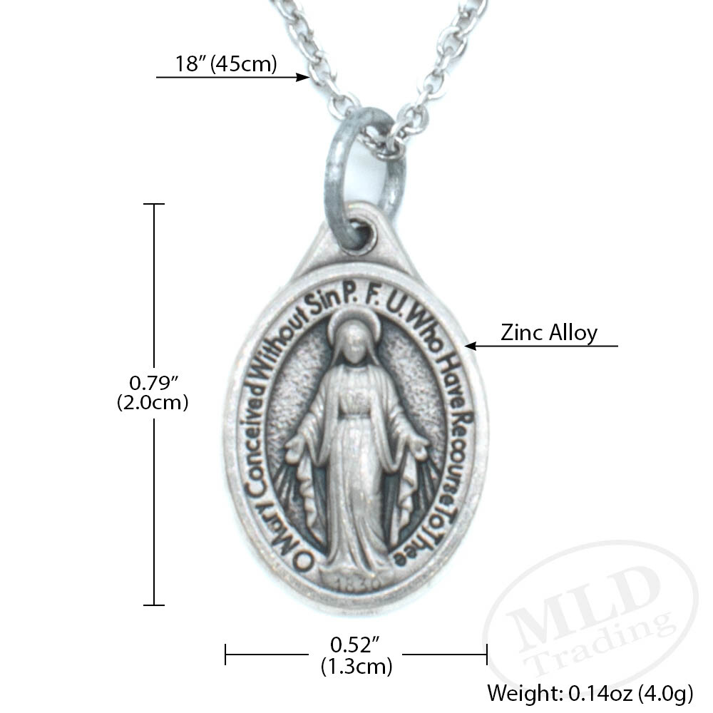 Miraculous Medal Pendant Necklace – 3/4″ Mini Oval, Silver Zinc Alloy, 18″ Chain