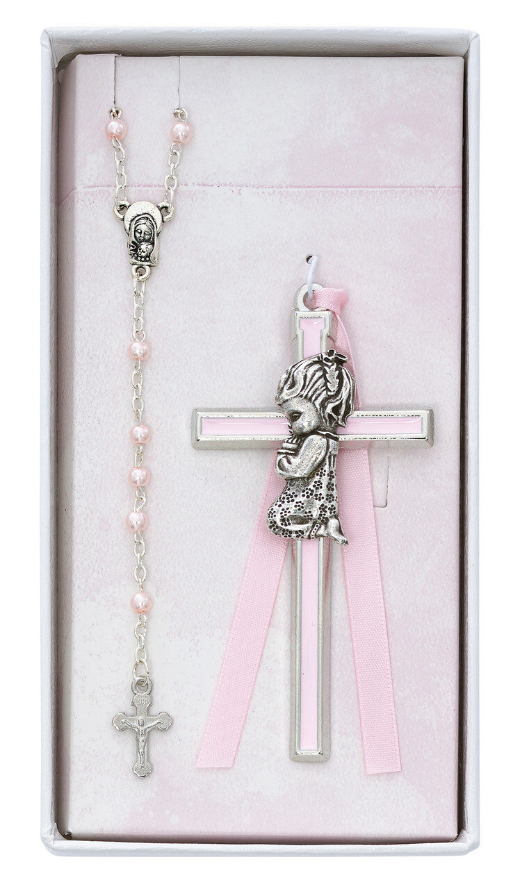 Baby Baptism Gift Pink Ribbon Girl Cross And Shell Pear Rosary Set Rhodium Plate